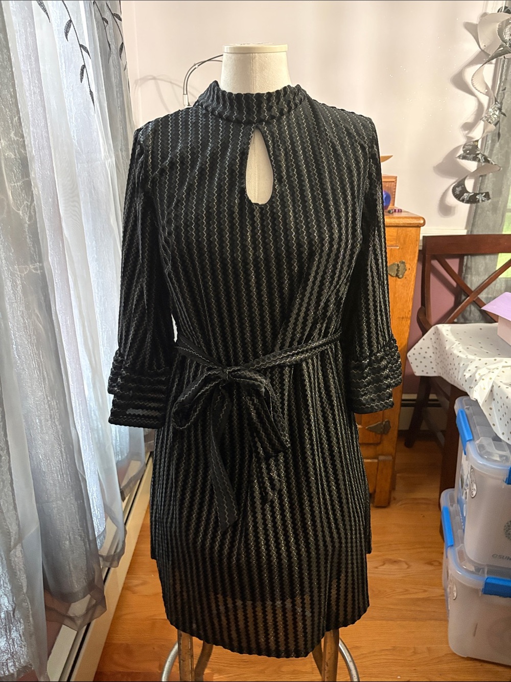 ModCloth Black Stripe Long Sleeve Tie-Waist Dress